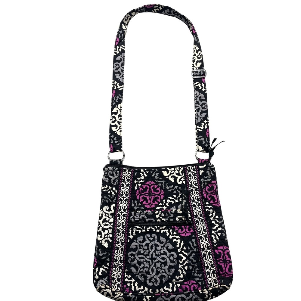Vera Bradley Crossbody Bag Womens Medium Black Quilted Damask Cotton Print